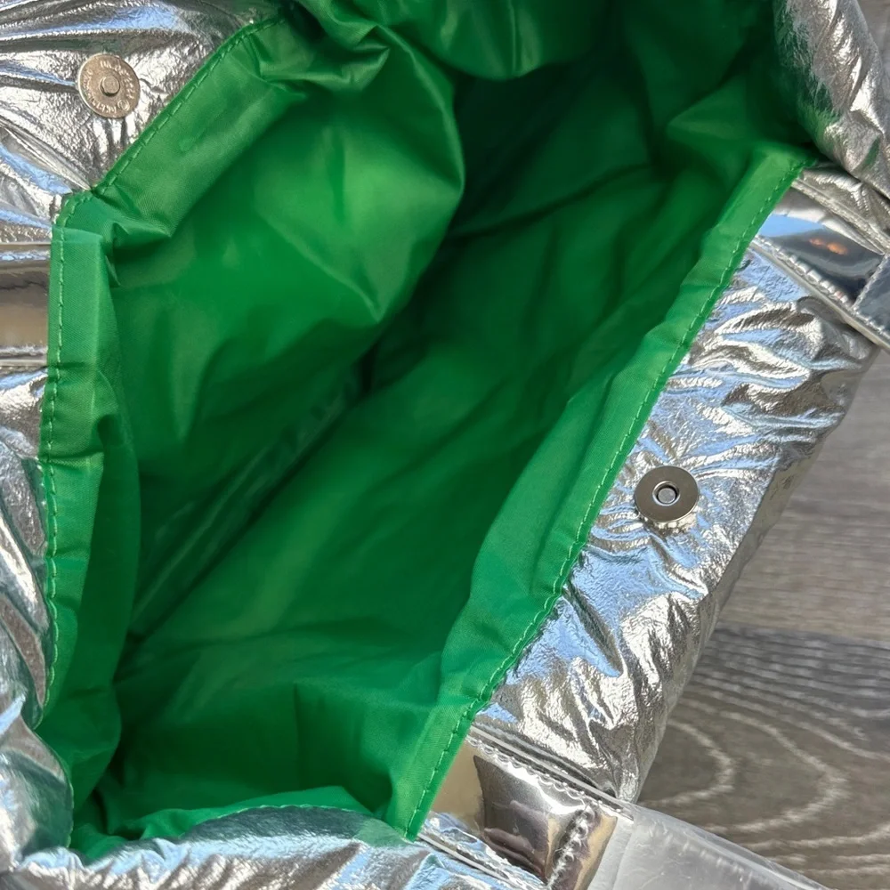 Clinique Silver Metallic Tote with Green Logo Accent